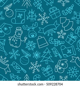 Christmas season vector seamless pattern. Different elements collection. Xmas hand-drawn elements