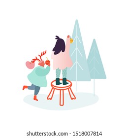 Christmas Season and Winter Family celebration, Children, girls decorating Xmas tree. People Character Celebrating New Year Eve. Merry Xmas Holiday Party. Vector illustration
