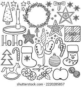 Christmas Season Winter Holiday  Doodle linear monochrome vector seasonal illustration set for web digital projects and bullet journal isolated on white background 