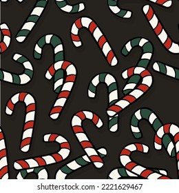 Christmas Season Winter Holiday  Doodle linear colorful vector seasonal seamless pattern with red and green candy canes total mess isolated on dark background 