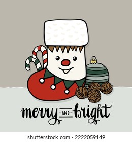 Christmas Season Winter Holiday Doodle colorful vector illustration with Christmas Stocking card poster centerpiece with wishes in English isolated on light torn paper background
