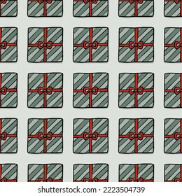 Christmas Season Winter Holiday  Doodle linear colorful vector seasonal seamless pattern with gifts in boxes on light background 