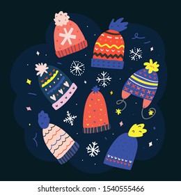 Christmas seasonal banner, with hand drawn doodle drawings of winter knitted hat with bom bom and colorful ornaments. Bright greeting card design with trendy vector illustrations of festive symbols.