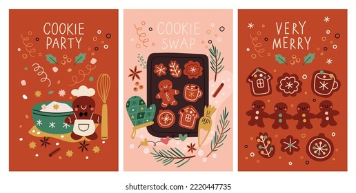 Christmas seasonal cards with gingerbread cookie. The process of making holiday cookies swap. Xmas festive illustration with cute gingerbread. Traditional seasonal composition