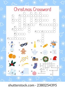 Christmas seasonal crossword activities, word search puzzle, winter holidays vector illustration printable worksheet for kids, educational or leisure game, seasonal topical English vocabulary