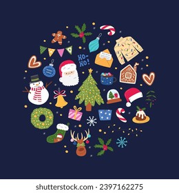 Christmas seasonal decor circle composition. Happy New Year concept design with traditional symbols. Xmas party elements. Festive round shaped hand drawn flat vector illustration on dark background