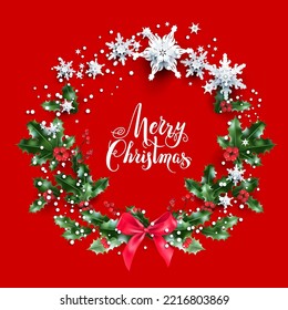 Christmas seasonal festive wreath on red background. Holiday image with holly, berries and snowflakes. Greeting or invitation banner