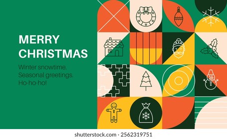 Christmas Seasonal Geometrical Banner. Vector Illustration of Outline and Flat Style. Winter Holiday. Happy New Year.