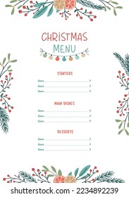 Christmas seasonal menu template with floral and fir branches. Vector illustration in retro minimalistic style. Xmas new year eve theme and happy winter holidays flat style concept