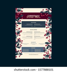 Christmas seasonal menu template with wreath and flowers decoration