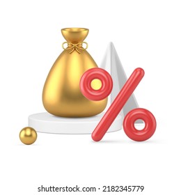 Christmas seasonal sale discount percentage with golden gift sack on pedestal realistic 3d icon vector illustration. Xmas traditional special offer premium price off business marketing shopping retail