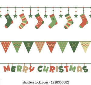 Christmas seasonal seamless border line vectors. Holidays xmas socks, flags and merry christmas wishes colorful isolated garland bars design.