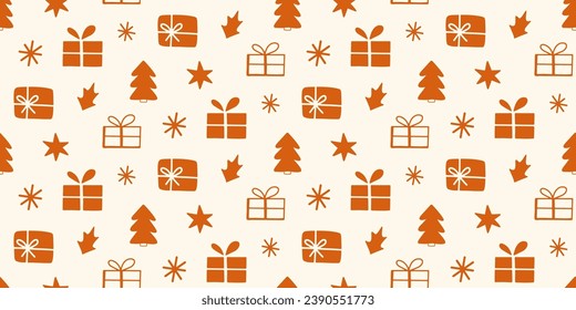 Christmas Seasonal Vector Seamless Pattern Winter Holidays Doodles Background Illustration. Hand drawn repeat texture. For wrapping paper, textile design, vintage home decor