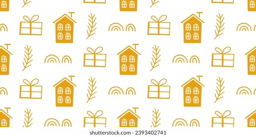 Christmas Seasonal Vector Seamless Pattern Winter Holidays Doodles Background Illustration. Hand drawn repeat texture. For wrapping paper, textile design, vintage home decor