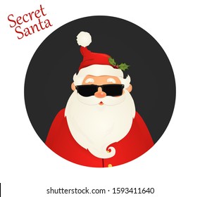 Christmas Secret Funny Santa Claus With Black Glasses. Santa Clause For Winter And New Year Holidays. Happy Santa Claus Cartoon Character.