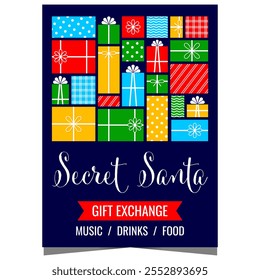 Christmas Secret Santa party and gift exchange invitation banner or poster with various present boxes on background. Ready for web or print publishing vector illustration.