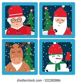 Christmas selfie cards of Santa Claus, mrs Claus, deer and snowman.