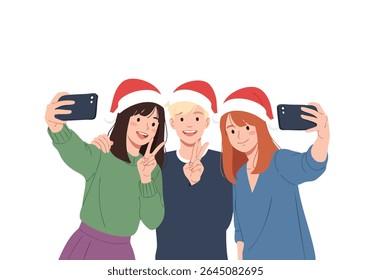 Selfie de Natal com amigos usando chapéus de Papai Noel