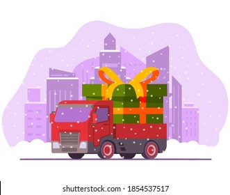 Christmas semi truck with green gift box.Tied gold ribbon bow.Vector flat illustration.Vehicle side view. Delivery of presents.Winter city skyline.
