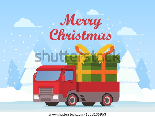 Christmas semi truck\
with green gift box.Tied gold ribbon bow.Happy New Year\
postcard.Winter landscape with snowy fir trees.Car front\
view.Vector realistic\
illustration.