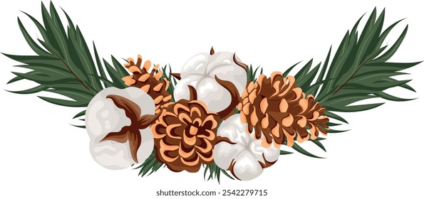 Christmas semi-circular frame with various forest cones and cotton flowers placed on coniferous twigs, for various designs or posters
