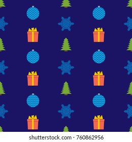 Christmas semless pattern with snowflake, ball, gift box and Christmas tree on blue background. Vector illustration

