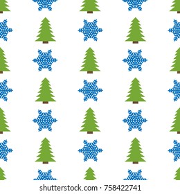 Christmas semless pattern with snowflake and Christmas tree on white background. Vector illustration
