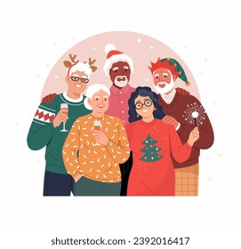 Christmas Seniors. Vector illustration of diverse elderly people in Christmas outfits standing together with wine glasses and Bengal lights. Isolated on background 