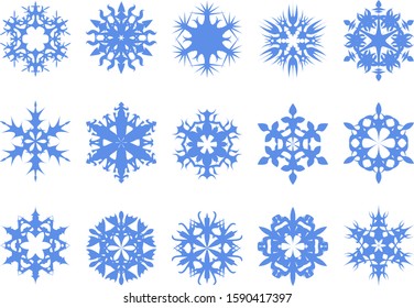 Christmas set of 15 different snowflakes on white backgroung