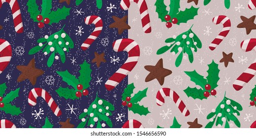 Christmas set of 2 vector seamless patterns with candy cane, gingerbread star, holly, mistletoe, snowfall and snowflakes on deep blue and light beige backgrounds. Colorful endless textures.