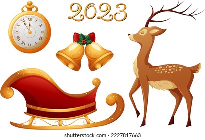 Christmas Set 2023 with cartoon reindeer, sleigh, clock and golden bells