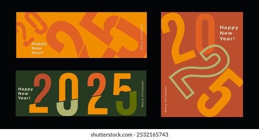 Christmas Set 2025 Year with Number, Geometric Stripe in the Green, Black, Pink, Orange Colors. Background Modern Abstract Xmas Discount for Social Media, Card, Poster, Banner, Cover.