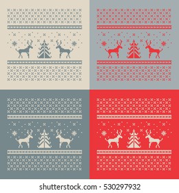 Christmas set of 4 cards. Scandinavian folk decor - deer, snow flack and tree. Nordic ornament in rot, beige and grey with background. Vector eps file.