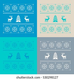 Christmas set of 4 cards. Scandinavian folk decor - deer, snow flack and tree. Nordic ornament in blue, beige, turquoise and grey with background. Vector eps file.