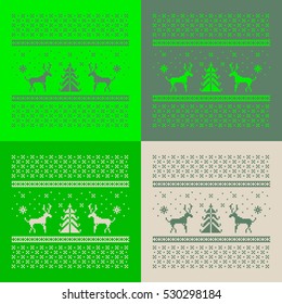 Christmas set of 4 cards. Scandinavian folk decor - deer, snow flack and tree. Nordic ornament in green, beige and grey with background. Vector eps file.