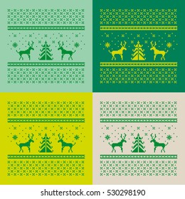 Christmas set of 4 cards. Scandinavian folk decor - deer, snow flack and tree. Nordic ornament in green, beige and yellow with background. Vector eps file.