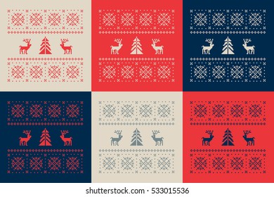 Christmas set of 6 cards. Scandinavian folk decor - deer, snow flake and tree. Nordic ornament in red, blue and grey with background. Vector eps file.
