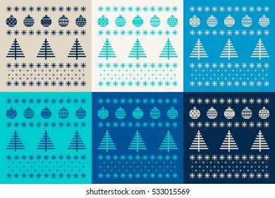 Christmas set of 6 cards. Scandinavian folk decor - snow flack, tree and ball. Nordic ornament in blue, beige, turquoise and grey with background. Vector eps file.