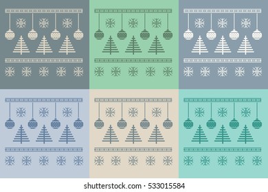 Christmas set of 6 cards. Scandinavian folk decor - snow flake, tree and ball. Nordic ornament in light pastel colors blue, green, turquoise, grey and with background. Vector eps file.