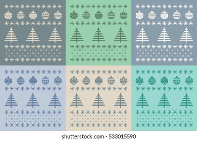 Christmas set of 6 cards. Scandinavian folk decor - snow flake, tree and ball. Nordic ornament in light pastel colors blue, green, turquoise, grey and with background. Vector eps file.