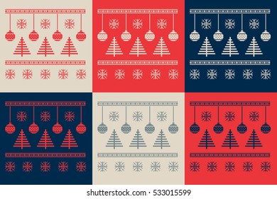 Christmas set of 6 cards. Scandinavian folk decor - snow flake, tree and ball. Nordic ornament in basic colors red, black, grey and beige with background. Vector eps file.