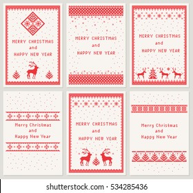 Christmas set of 6 vertical greeting cards ??Merry Christmas and Happy New Year. Scandinavian folk decor ??deer, snow flake and tree. Nordic winter holiday ornament. Red pixel image. Vector eps file.