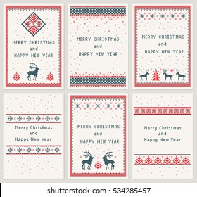 Christmas set of 6 vertical greeting cards Merry Christmas & Happy New Year. Scandinavian folk decor deer, snow flake & tree. Nordic winter ornament. Marine & red pixel image. Vector eps file.