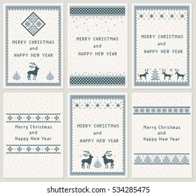 Christmas set of 6 vertical greeting cards ??Merry Christmas & Happy New Year. Scandinavian folk decor ??deer, snow flake & tree. Nordic winter ornament. Dark & light blue pixel image. Vector eps file.