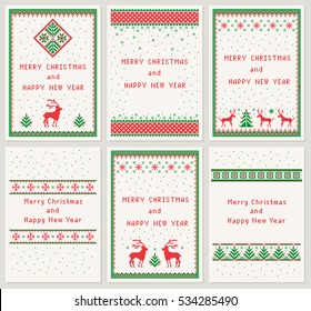 Christmas set of 6 vertical greeting cards ??Merry Christmas & Happy New Year. Scandinavian folk decor ??deer, snow flake & tree. Nordic winter holiday ornament. Red & green pixel image. Vector eps file.