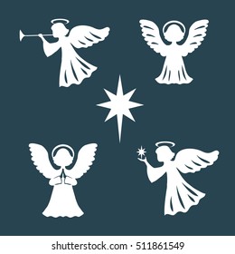Christmas set from angels and star of Bethlehem. Vector illustration.