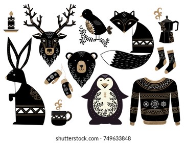 Christmas set of animals in scandinavian style