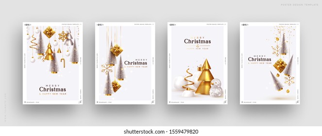 Christmas set of backgrounds, greeting cards, web posters, holiday covers. Design with realistic New Year's eve, Christmas trees and gifts box. Xmas templates party banner. Festive composition