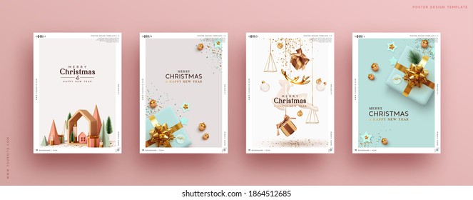 Christmas set of backgrounds, greeting cards, web posters, holiday covers. Design with realistic New Year's eve, Christmas trees and gifts box. Xmas templates party banner. Festive composition.