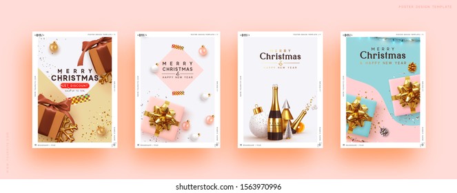 Christmas set backgrounds with realistic decorative objects. Xmas decoration gift box, bauble ball, golden confetti, 3d design elements. New year poster, banner. Advertising flyer brochure. soft color